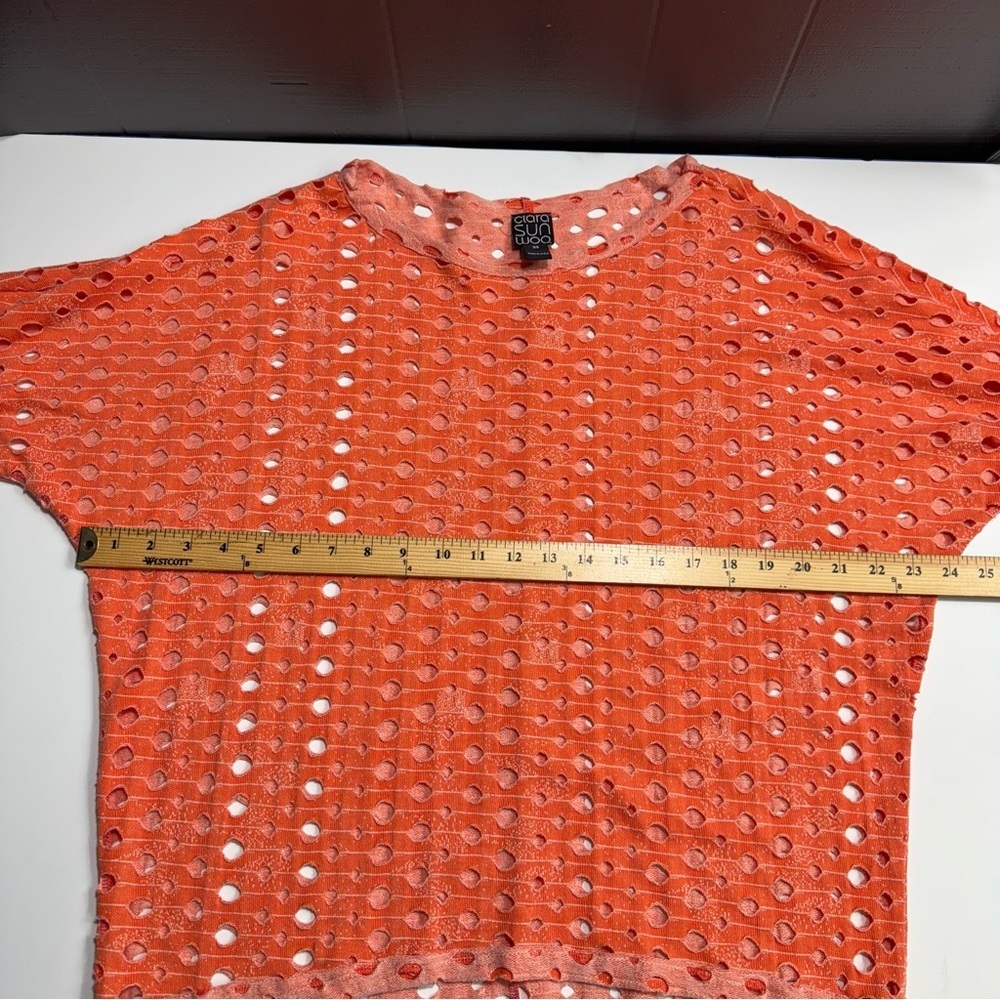 Clara Sunwoo Oversized Laser-Cut Perforated Knit Top - Coral/Orange XS - Picture 10 of 12